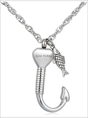 Stainless Steel Fishing Hook Cremation Urn Necklace for Ashes Keepsake